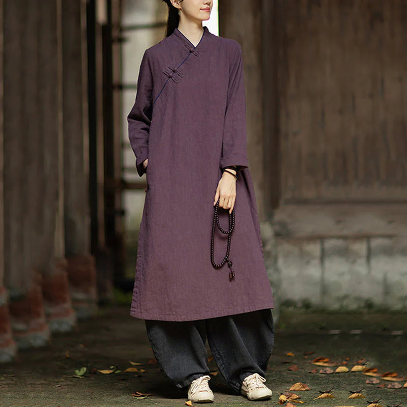 Buddha Stones Solid Frog-Button Long Sleeve Ramie Linen Midi Dress Cheongsam With Pockets