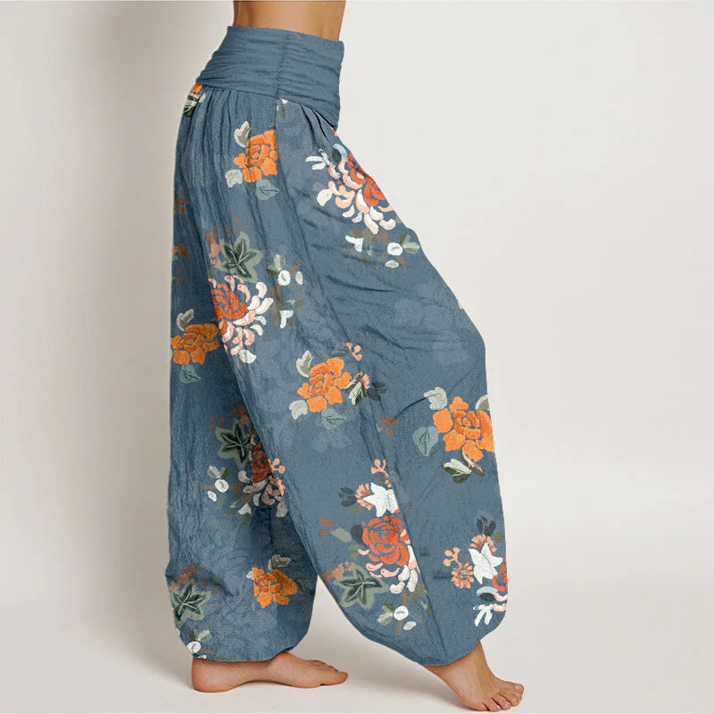 Buddha Stones Pure Cotton Vibrant Color Flowers Leaves Pattern Women's Elastic Waist Harem Pants