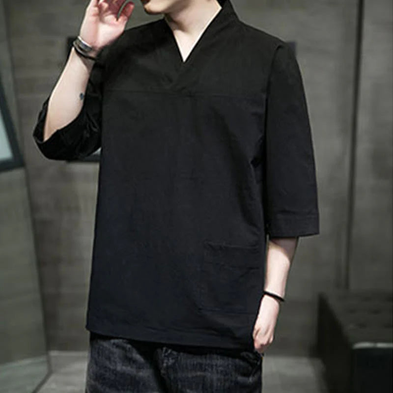 Buddha Stones Summer Casual Simple V-Neck Design Men's Cotton Linen Three Quarter Sleeve T-Shirt With Front Pocket