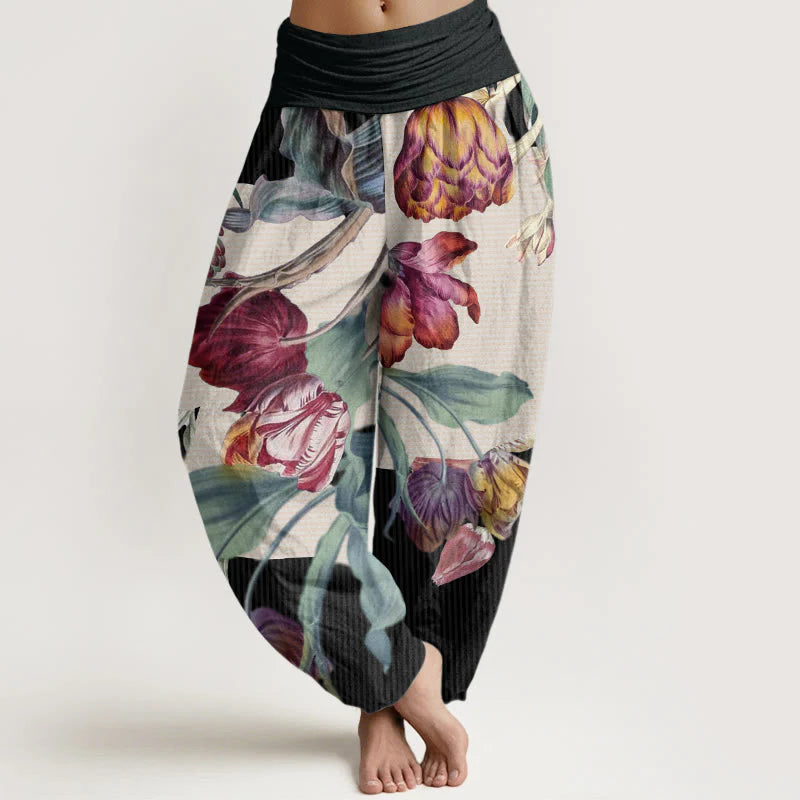 Buddha Stones Cotton Tulips Green Leaves Design Women's Elastic Waist Harem Pants