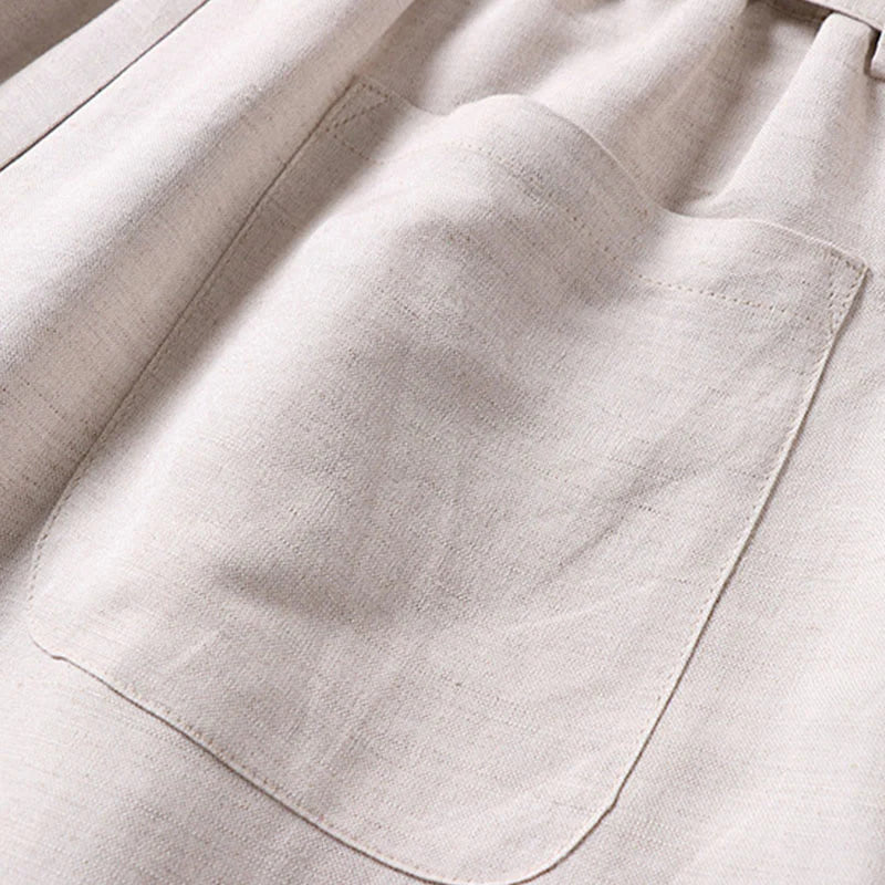 Buddha Stones Summer Zipper Elastic Waist Design Men's Cotton Linen Wide Leg Pants With Pockets
