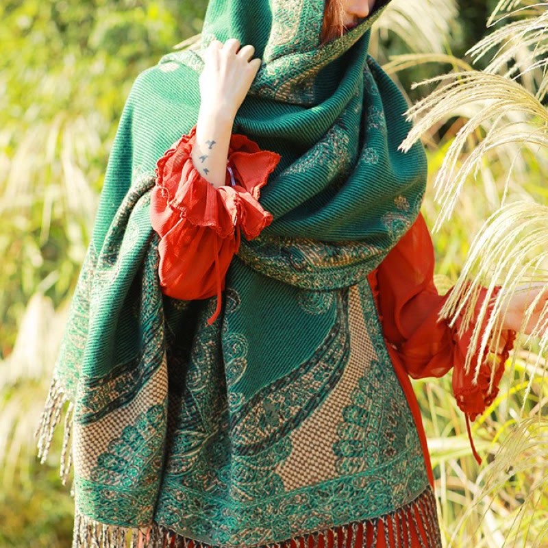 Buddha Stones Jacquard Ethnic Paisley Plants Pattern Tassel Soft Thermal Scarf Shawl