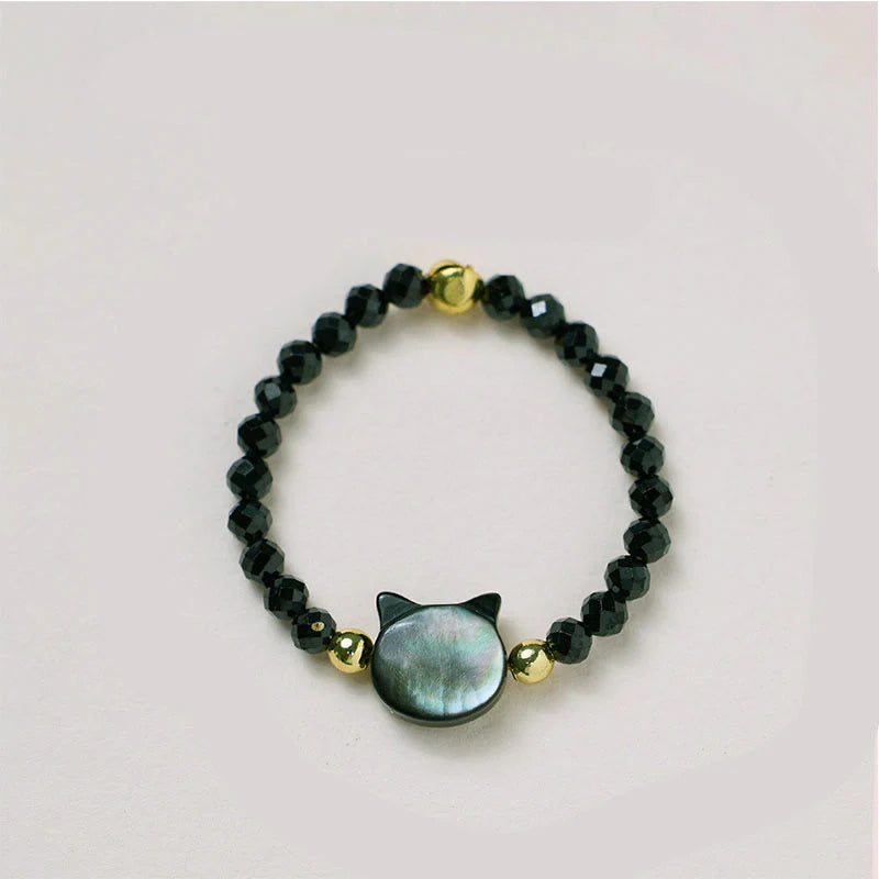 Buddha Stones Natural Tridacna Stone Lovely Cat 14K Gold Plated Blessing Ring