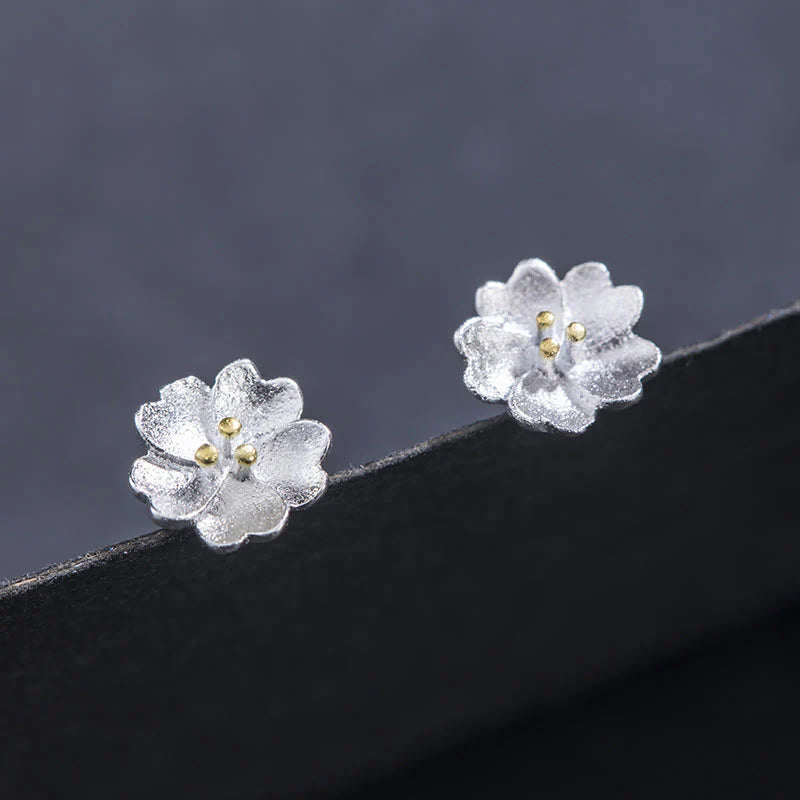 Buddha Stones 925 Sterling Silver Cherry Blossoms Floral Calm Stud Earrings