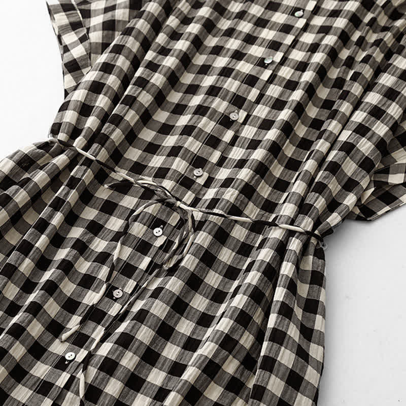 Buddha Stones Spring Gingham Knee Length Women's Short Sleeve Dress With Tie Waist Chiffon Hem