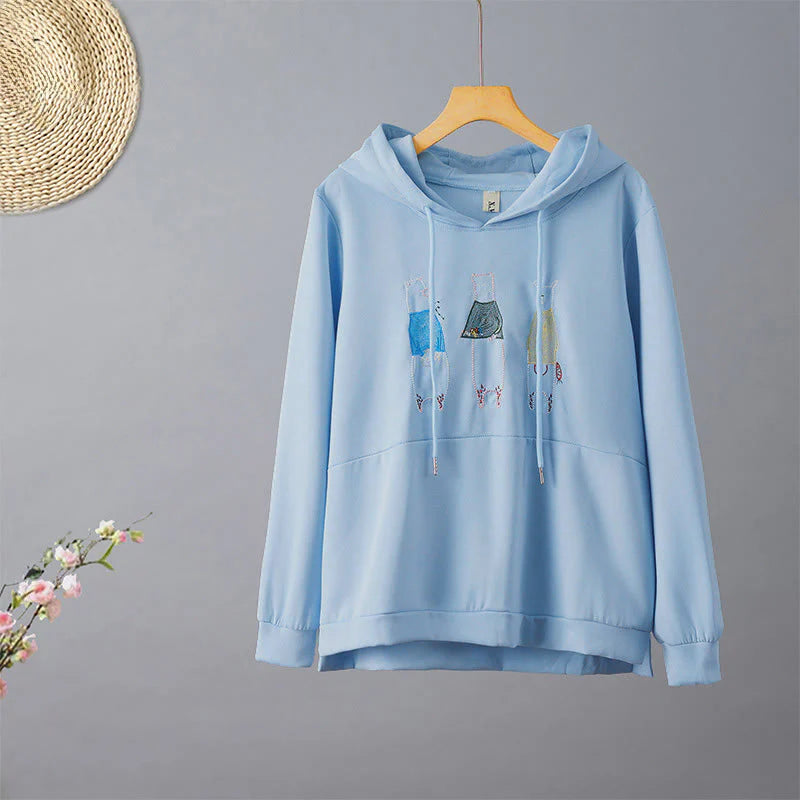 Buddha Stones Fall Embroidery Bear Long Sleeve Women's Hoodie