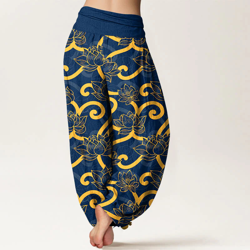 Buddha Stones Pure Cotton Elegant Gorgeous Lotus Scroll Pattern Women's Elastic Waist Harem Pants