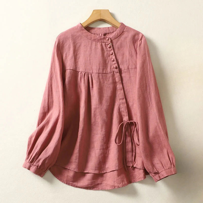 Buddha Stones Fall Casual Solid Color Stand Collar Long Sleeve Cotton Linen Women's Shirt