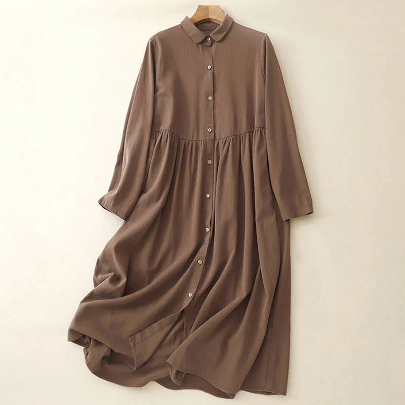 Buddha Stones Commute Long Sleeve Pure Color Button Design Lapel Cotton Midi Dress
