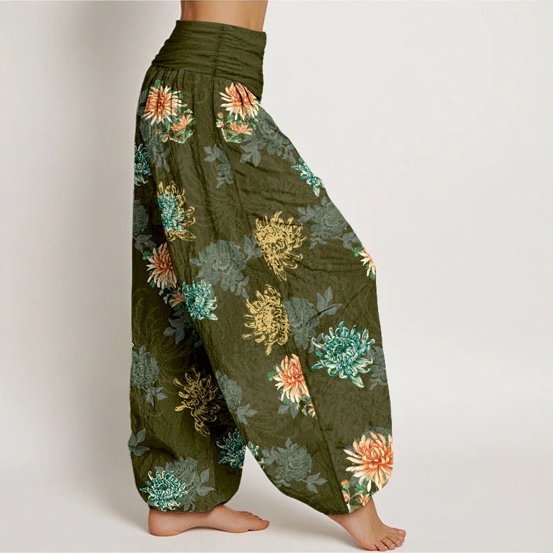 Buddha Stones Cotton Various Colors Chrysanthemum Pattern Women's Elastic Waist Harem Pants