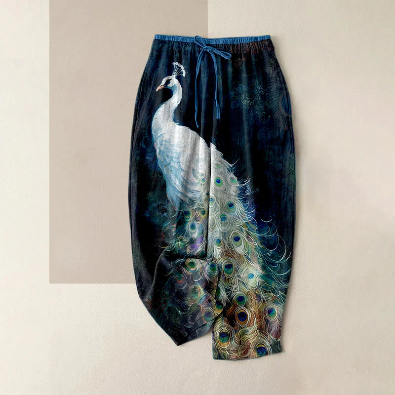 Buddha Stones Cotton Casual Gorgeous Peacock Pattern Women's Elastic Waist Pants With Pockets