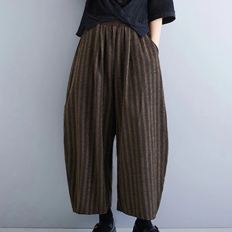 Buddha Stones Casual 7-8 Length Corduroy Stripes Women's Polyester Wide Leg Pants With Pockets