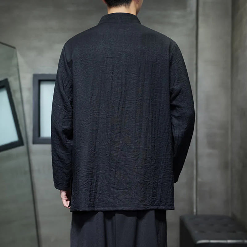 Buddha Stones Fall Solid Color Bamboo Leaf Embroidery Men's Long Sleeve Cotton Linen Shirt