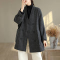 Buddha Stones Stripe V-Neck Cotton Long Sleeve Women's Coat With Pockets