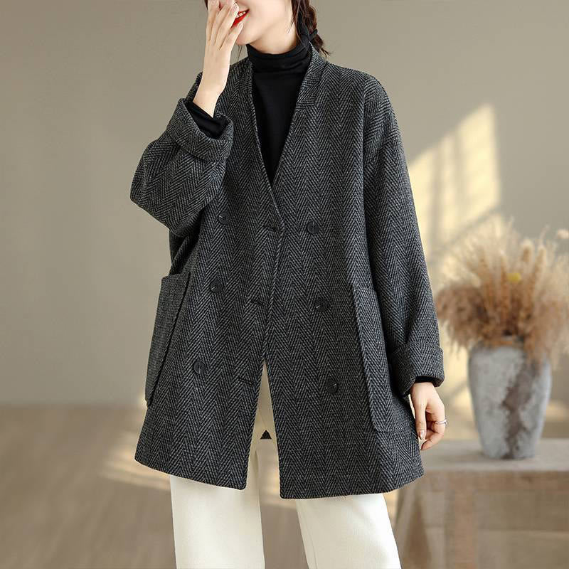 Buddha Stones Stripe V-Neck Cotton Long Sleeve Women's Coat With Pockets