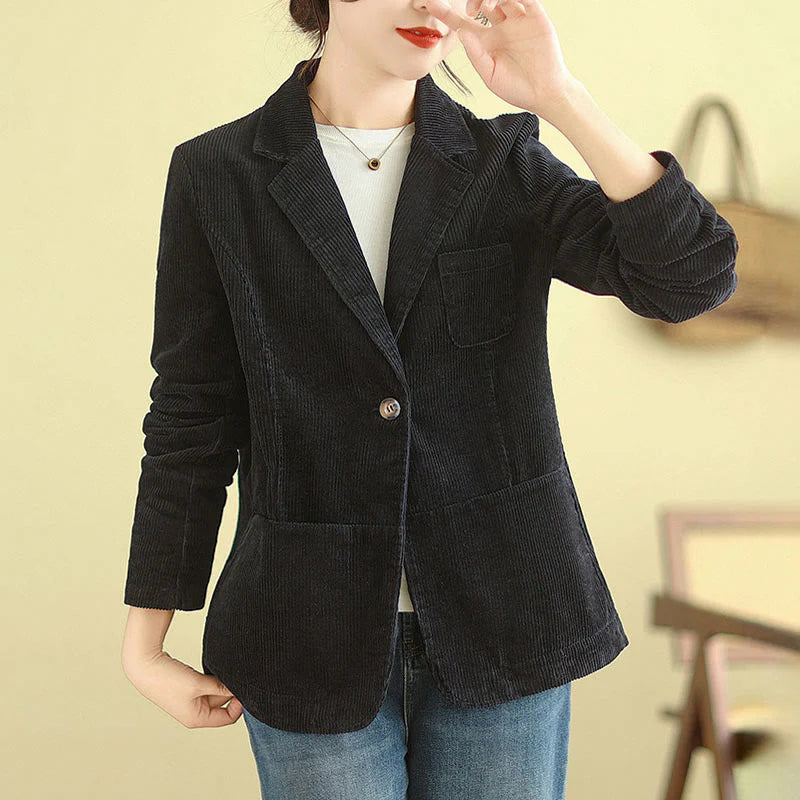 Buddha Stones Retro Plain Women's Long Sleeve Corduroy Jacket With Pockets