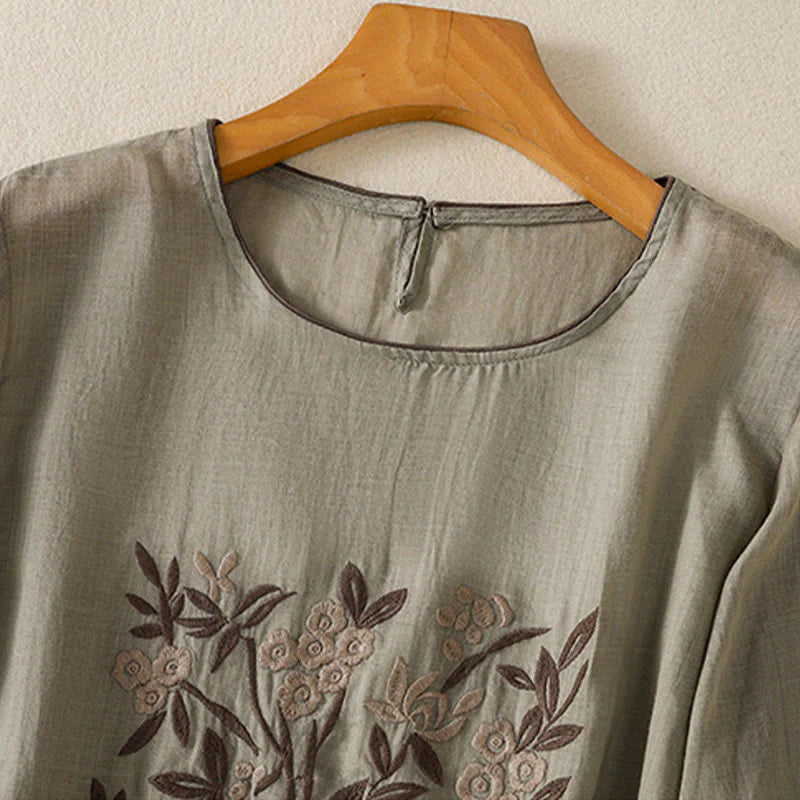Buddha Stones Retro Embroidery Floral Three Quarter Sleeve Women's Cotton T-Shirt