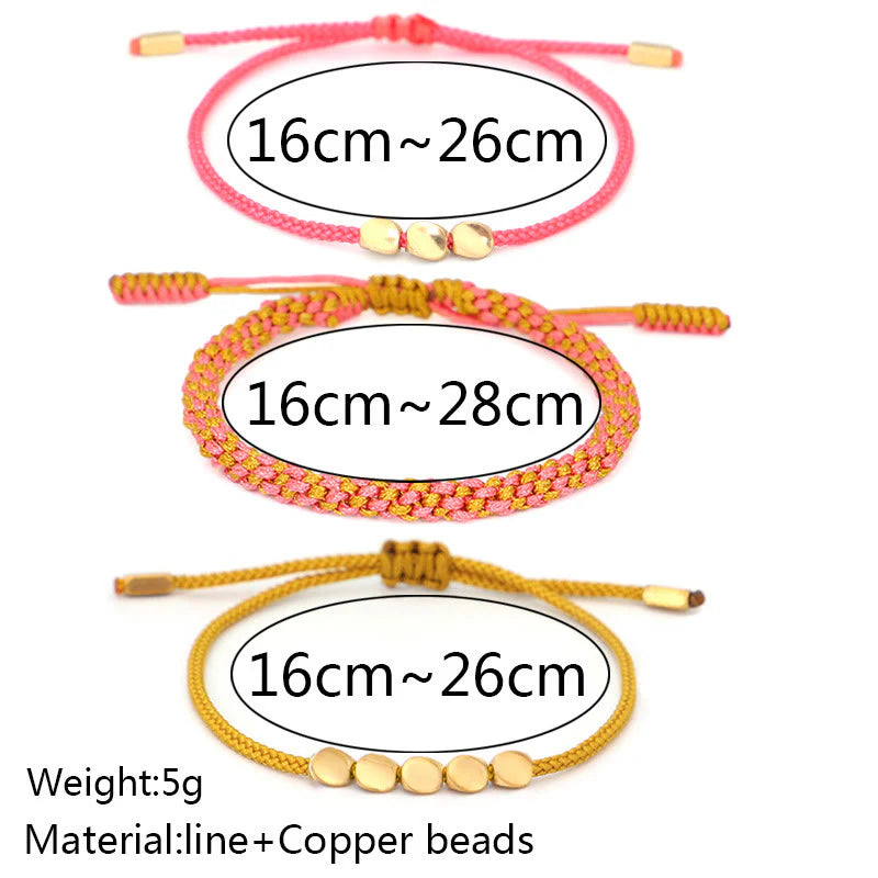 Buddha Stones 3Pcs Pink Yellow String Golden Copper Beads Wealth Bracelet