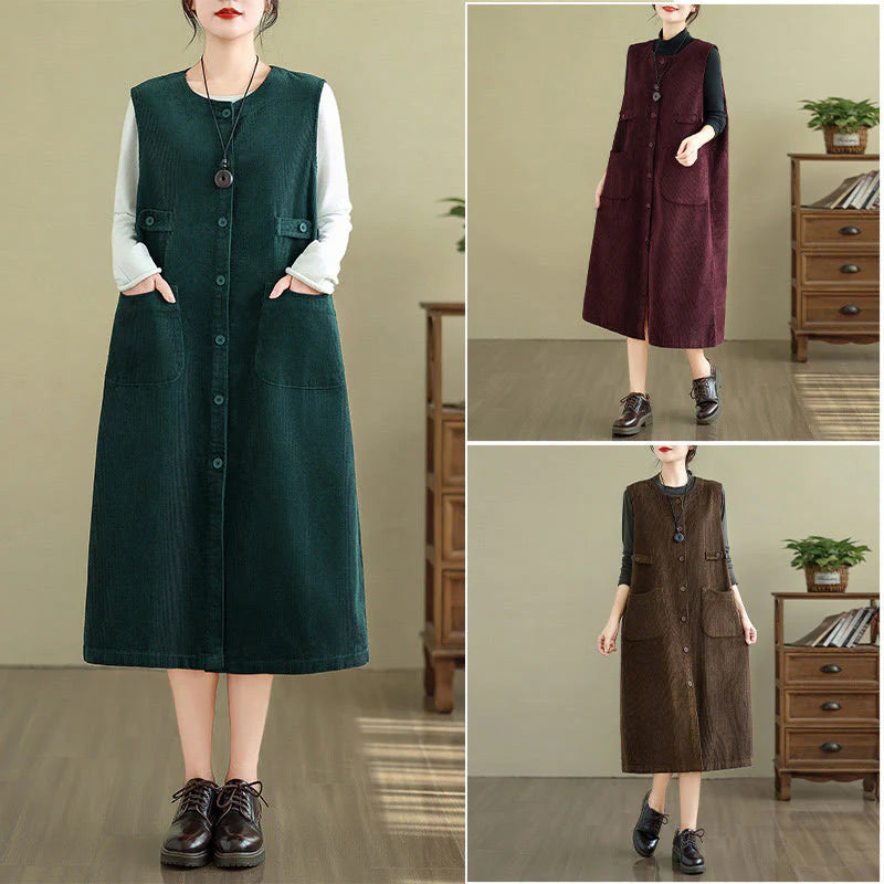 Buddha Stones Pure Colo Buttons Sleeveless Midi Dress With Pockets