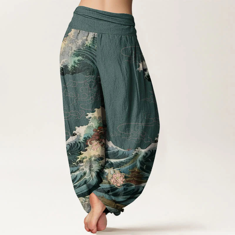 Buddha Stones Cotton Casual Blooming Lotuse Wave Pavilion Pattern Women's Elastic Waist Harem Pants