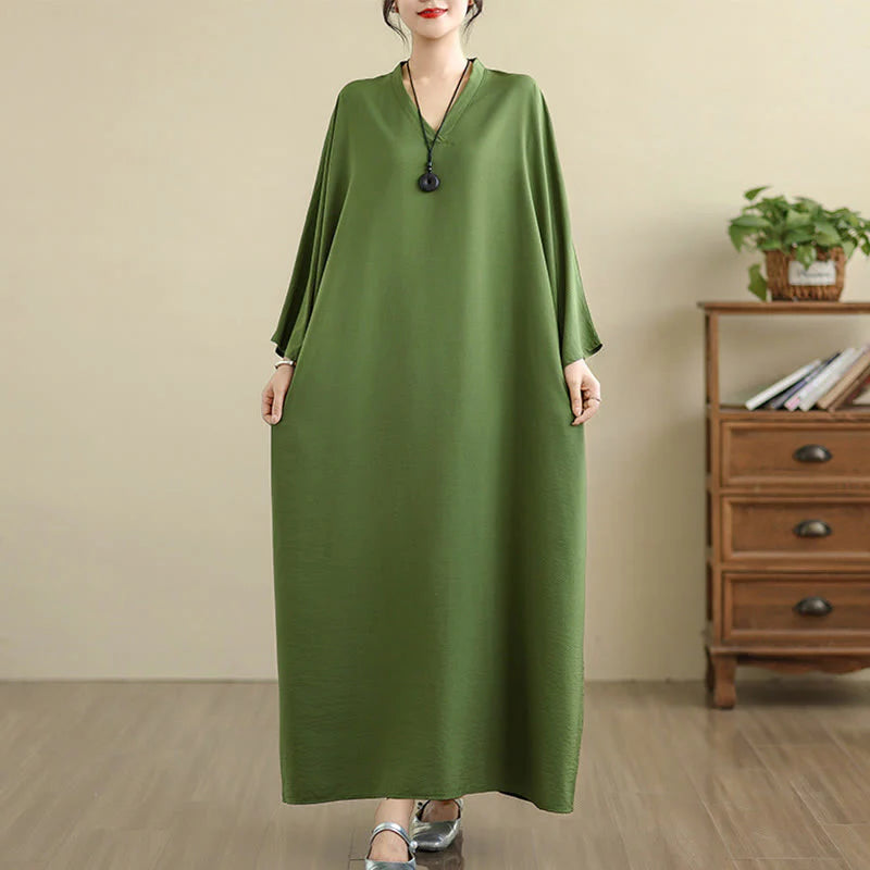 Buddha Stones Retro Casual Solid Color Long Sleeve Cotton Linen Maxi Dress With Pockets