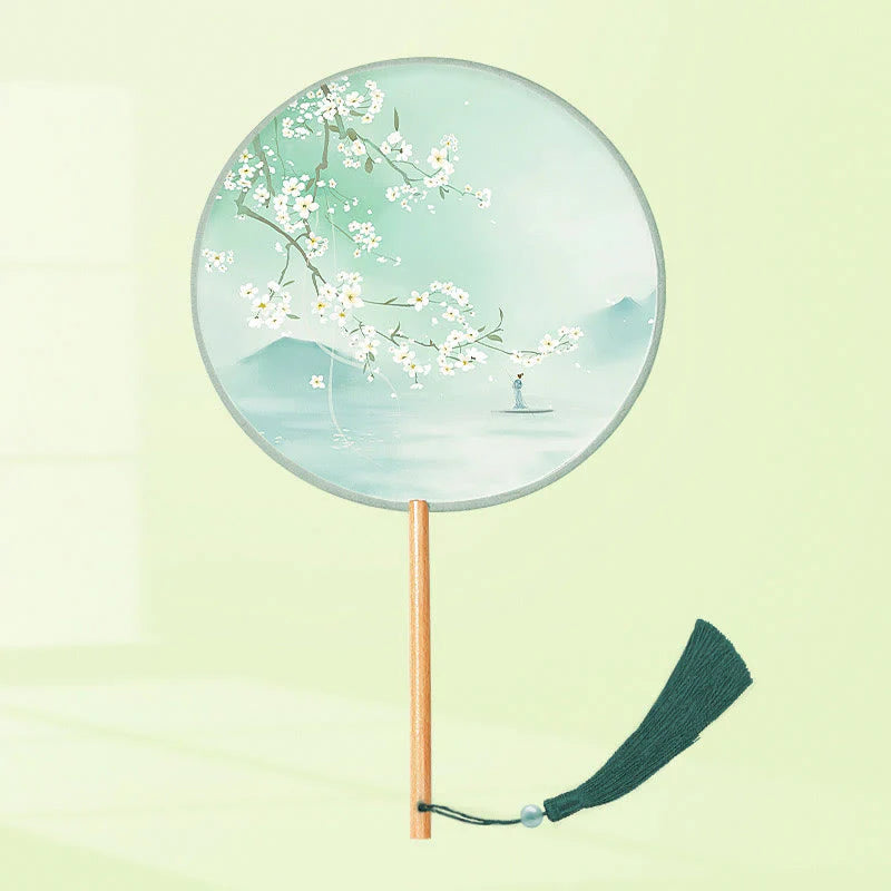 Buddha Stones Ginkgo Leaf Koi Fish Cherry Blossom Spring Flowers Handheld Wood Handle Fan