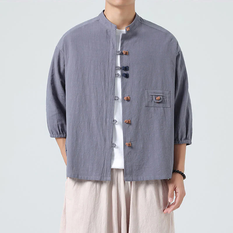 Buddha Stones Summer Frog-Button Front Stand Collar Men's Three Quarter Sleeve Cotton Shirt Cardigan With Pocket