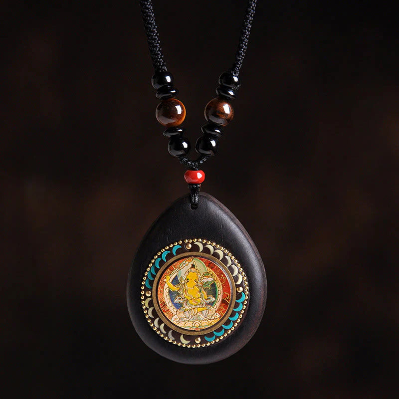Buddha Stones Chinese Zodiac Natal Buddha Ebony Wood Tiger Eye Black Onyx Calm Necklace Pendants