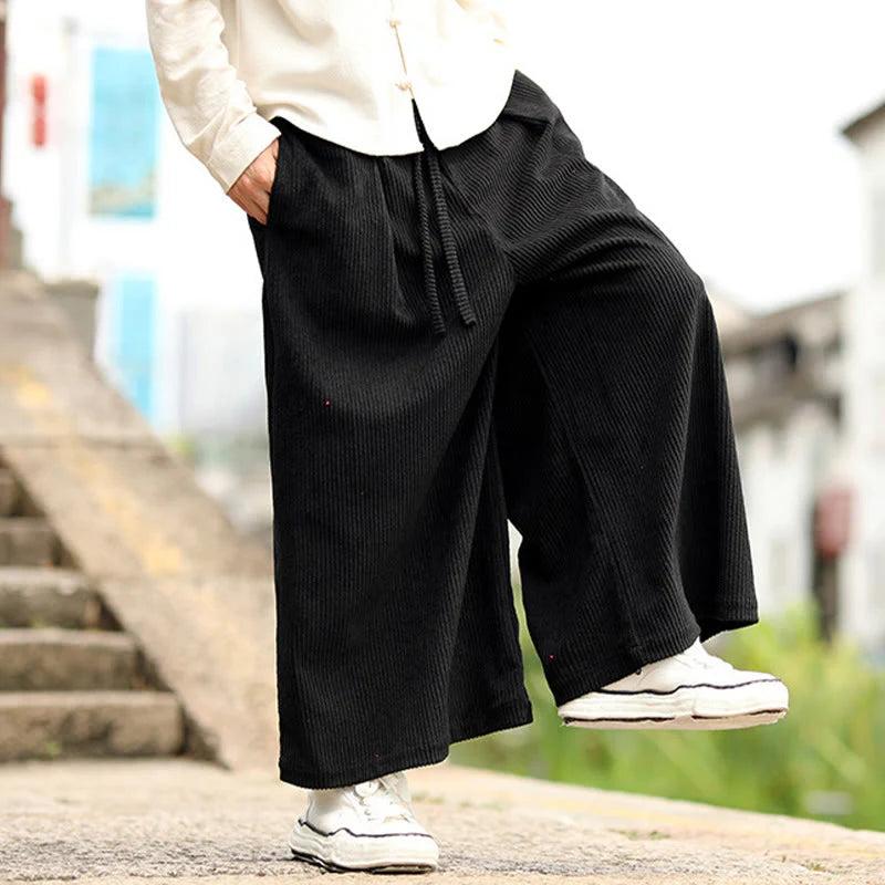 Buddha Stones Fall Solid Color Drawstring Design Men's Corduroy Wide Leg Pants With Pockets