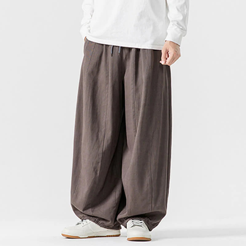 Buddha Stones Winter Commute Plain Drawstring Design Men's Wide Leg Cotton Pants With Pockets