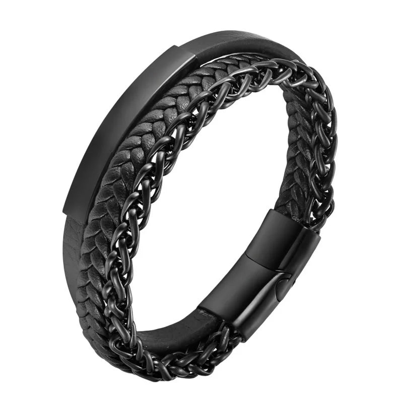 Buddha Stones Woven Pattern Titanium Steel Stimulation Multi-layer Leather Buckle Bracelet