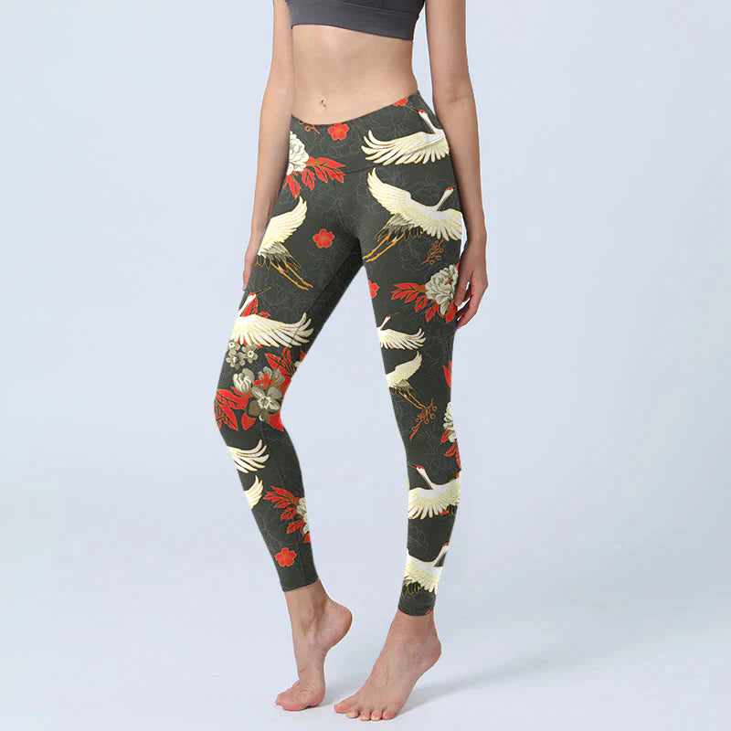 Buddha Stones Red-crowned Cranes Peony Flowers Pattern Print Gym Leggings Women's Yoga Pants