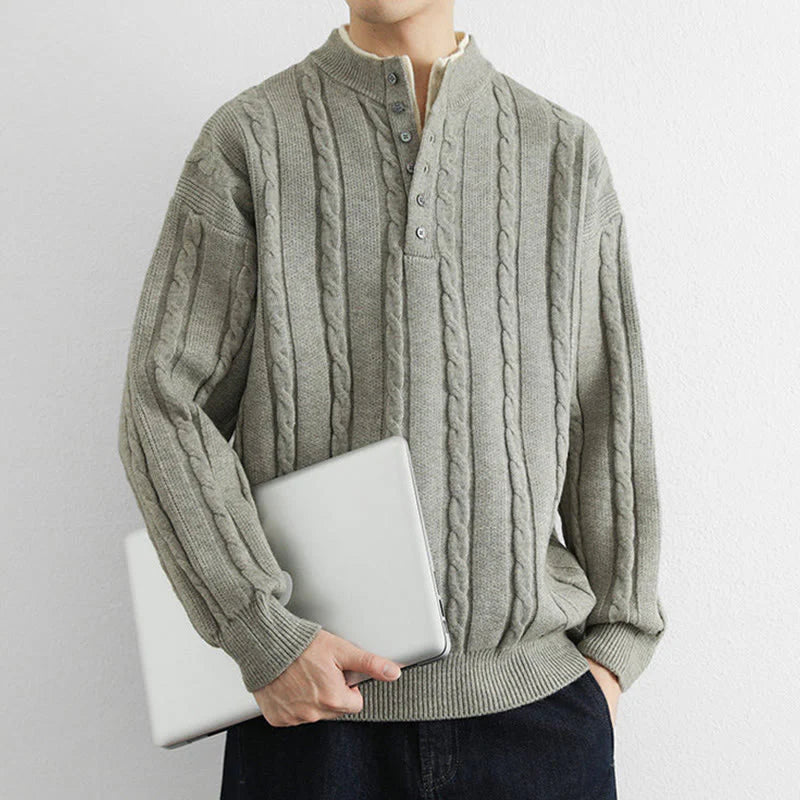 Buddha Stones Winter V-Neck Buttons Twisted Design Warm Men's Long Sleeve Knitted Sweater