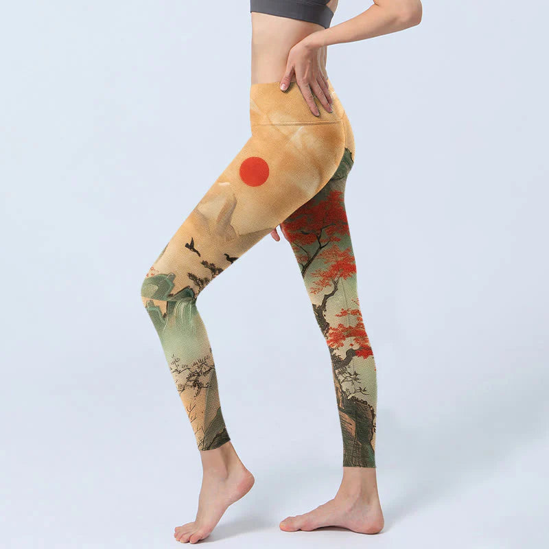 Buddha Stones Mountains Trees Rising Sun Pattern Print Gym Leggings Women's Yoga Pants