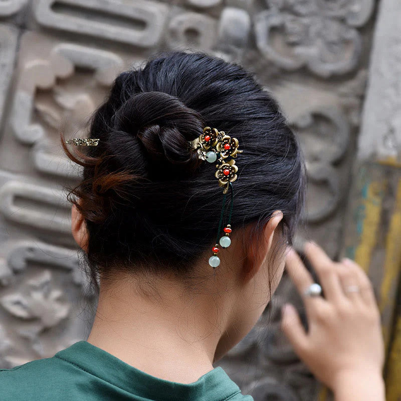 Buddha Stones Green Aventurine Red Agate Alloy Flowers Soothing Hairpin
