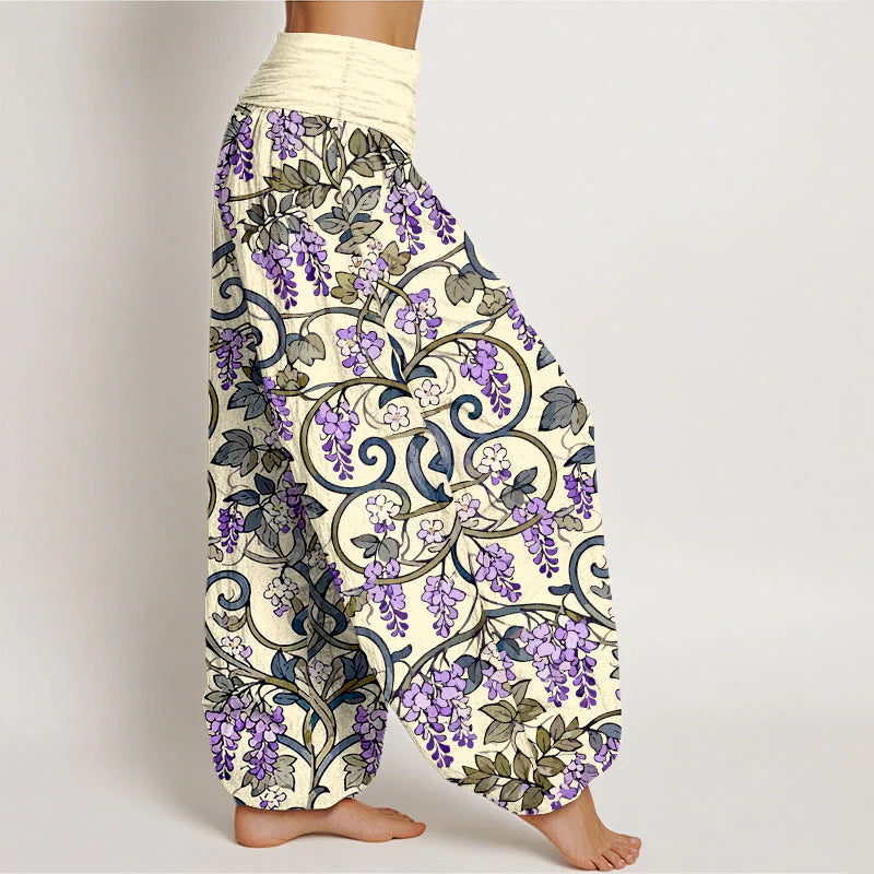 Buddha Stones Pure Cotton Retro Gorgeous Wisteria Women's Elastic Waist Harem Pants