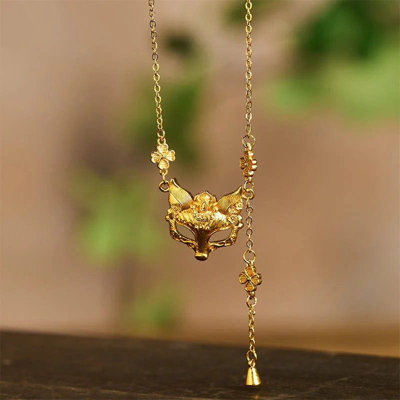 Buddha Stone 24k Gold Plated Brass Fox Flower Design Tassel Pendant Necklace