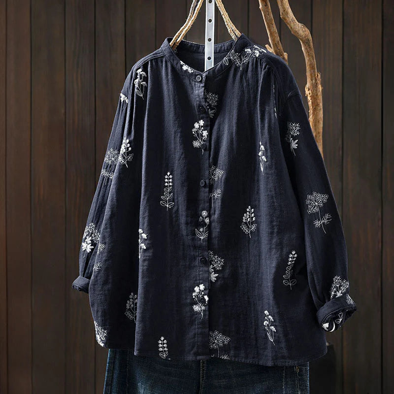 Buddha Stones Floral Embroidery Buttons Down Long Sleeve Women's Cotton Shirt