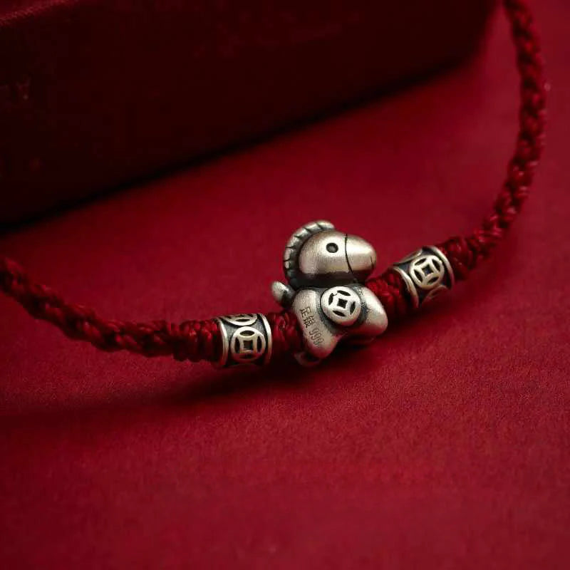 Buddha Stones Year of the Horse 999 Sterling Silver String Braided Protection Bracelet