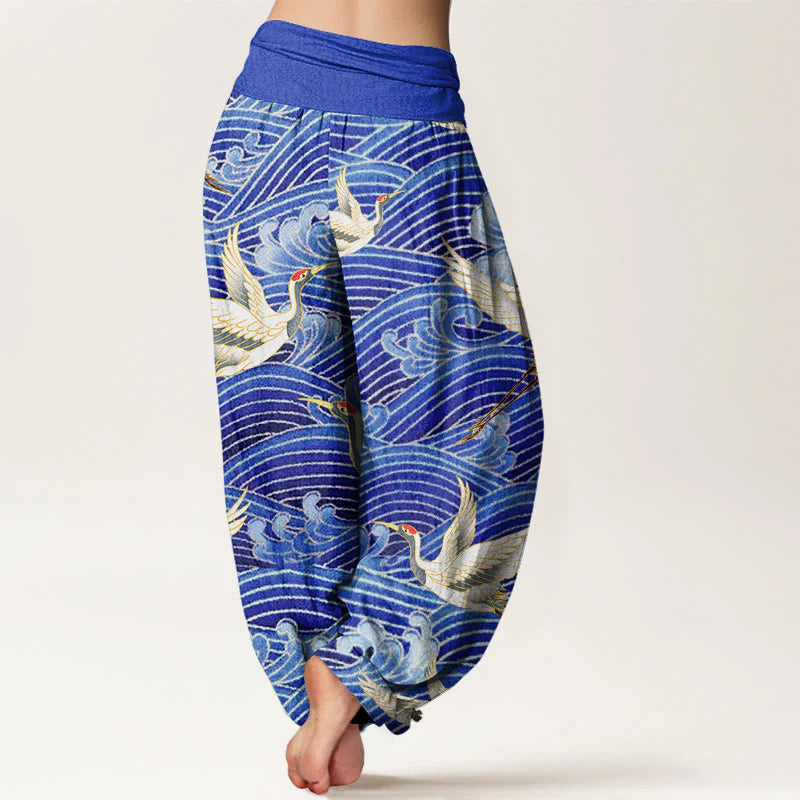 Buddha Stones Cotton Casual Crane Ocean Waves Pattern Elastic Waist Women's Harem Pants