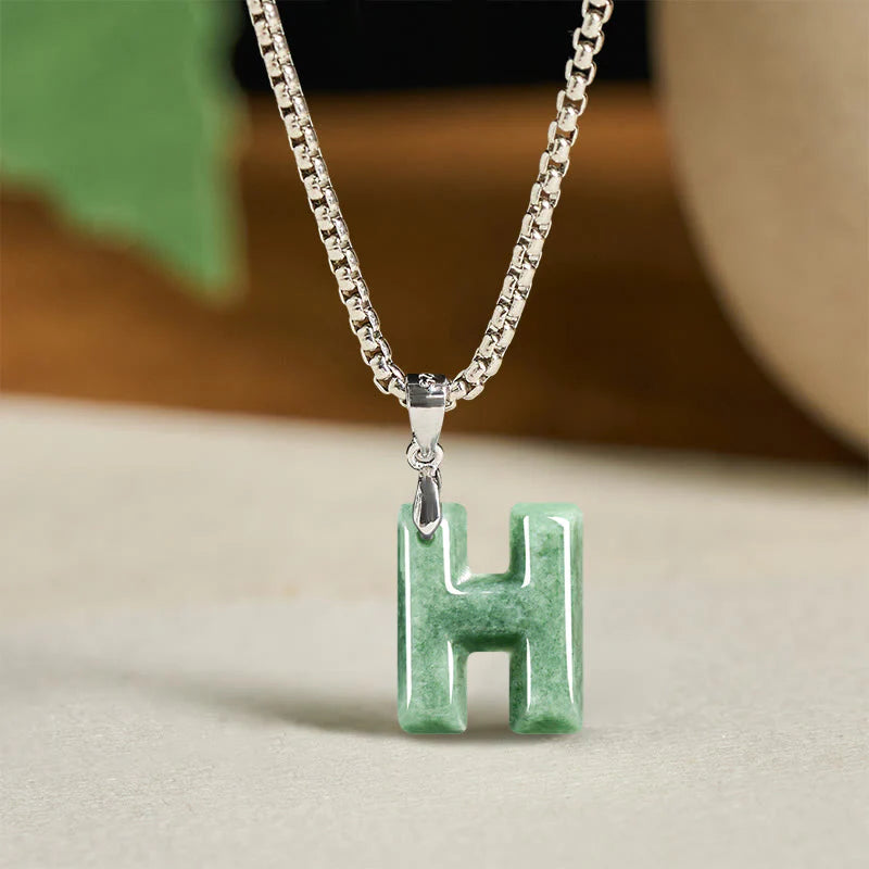 Buddha Stones Natural A-Z Letter Jade Titanium Steel Wide Chain Prosperity Necklace Pendant