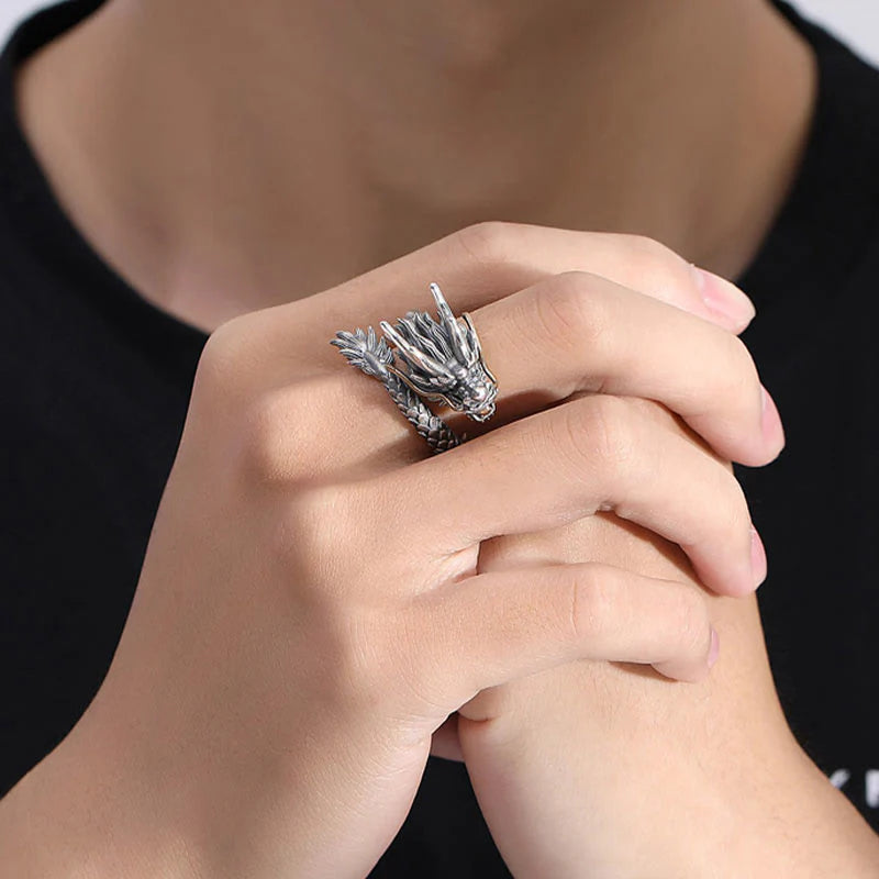 Buddha Stones 925 Sterling Silver Vintage Dragon Design Protection Strength Adjustable Ring  (Extra 30% Off | USE CODE: FS30)
