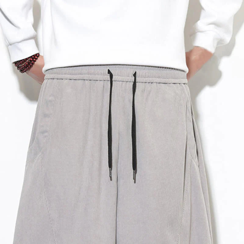 Buddha Stones Drawstring Solid Color Tapered Design Cotton Corduroy Men's Harem Pants With Pockets
