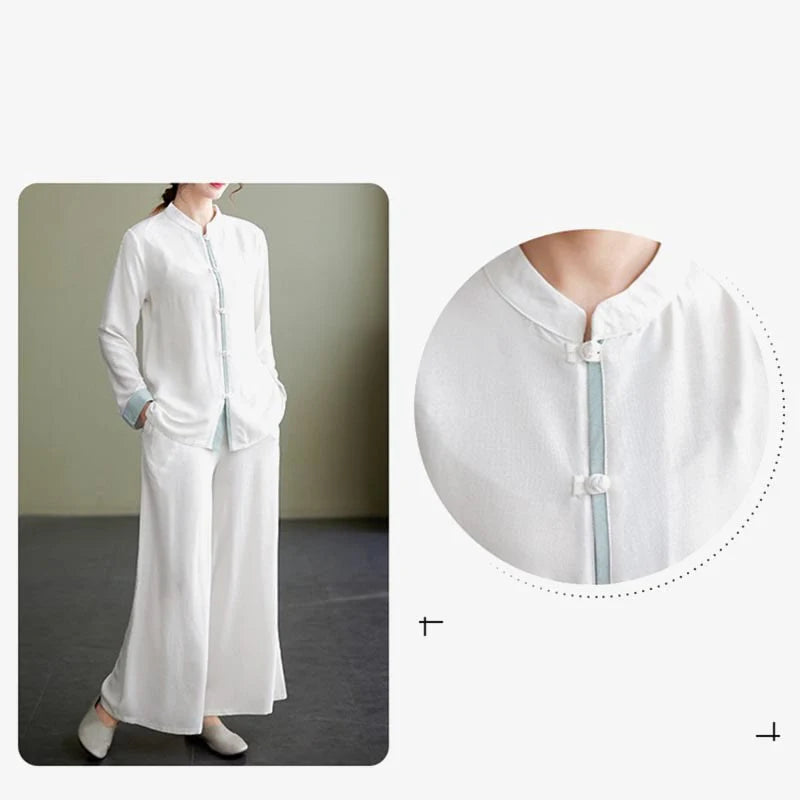 Buddha Stones 2Pcs Tang Suit Long Sleeve Shirt Top Pants Meditation Zen Tai Chi Cotton Linen Clothing Women's Set
