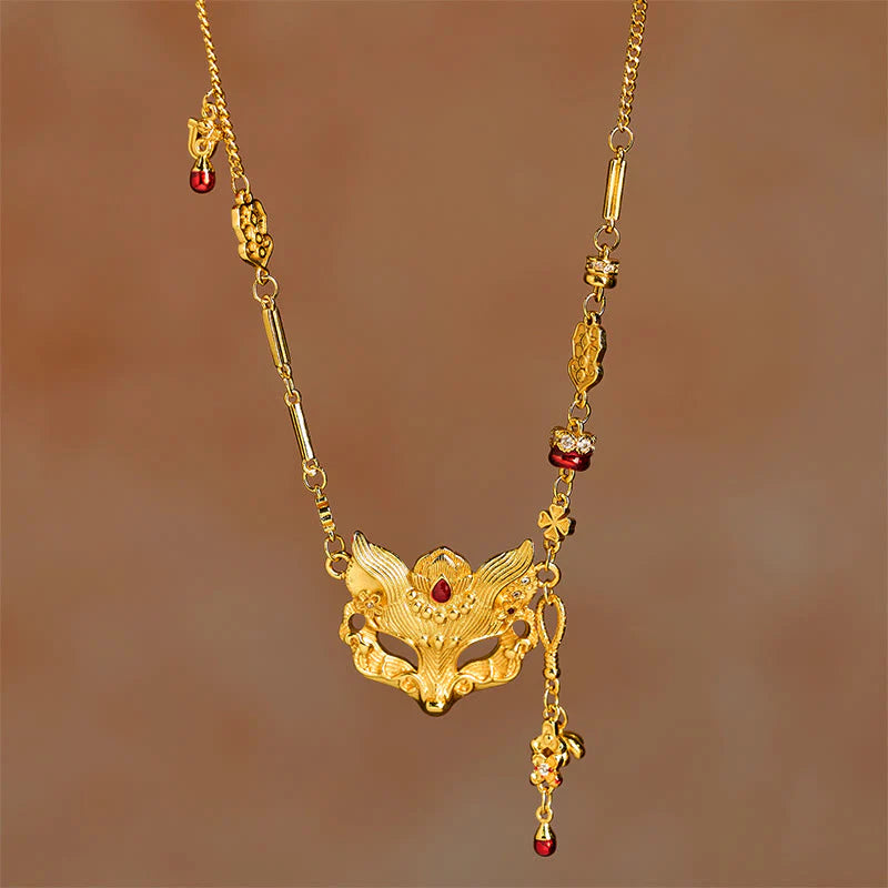 Buddha Stone 24k Gold Plated Brass Fox Design Tassel Pendant Necklace