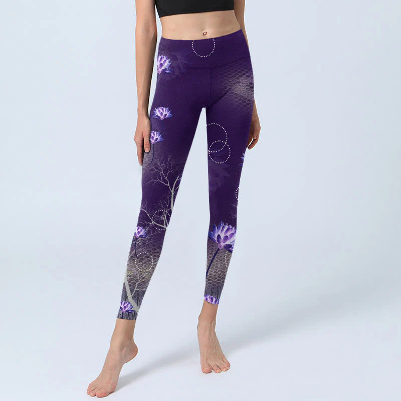 Buddha Stones Lotus Flower White Branch Dotted Circle Pattern Print Gym Leggings Women's Yoga Pants