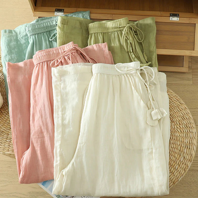 Buddha Stones Casual Plain Lined Ribbon Elastic Women's Polyester Wide Leg Pants With Pockets