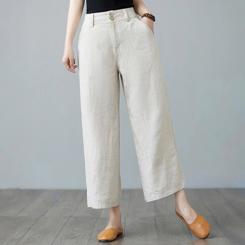 Buddha Stones Daily Solid Color Patchwork Simple Design Cotton Linen Women's Pants With Pockets