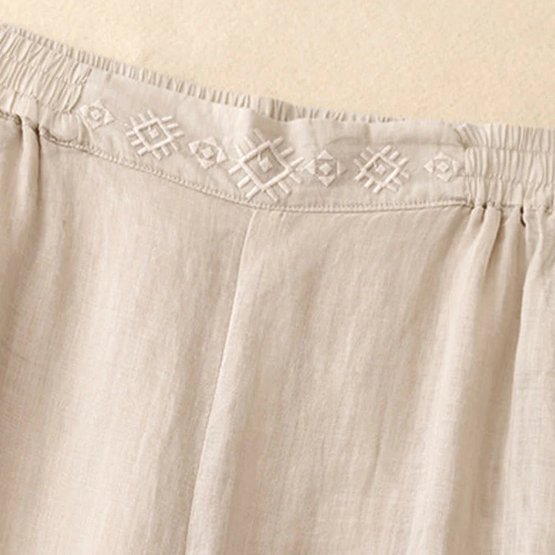 Buddha Stones Geometric Embroidery Elastic Waist Women's Cotton Linen Wide Leg Pants With Pockets