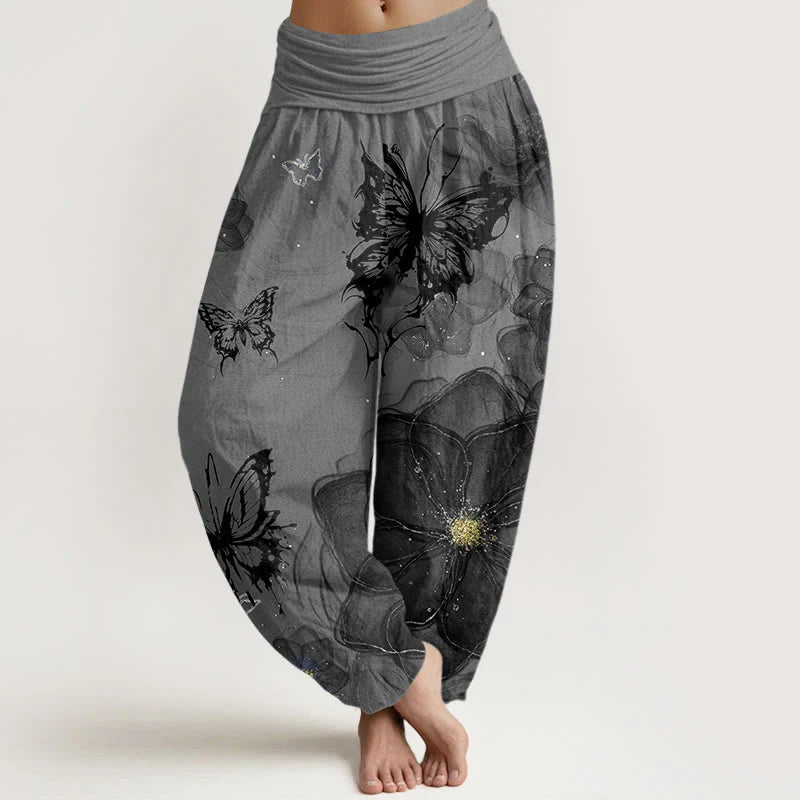 Buddha Stones Cotton Butterfly Flowers Pattern Women's Elastic Waist Harem Pants